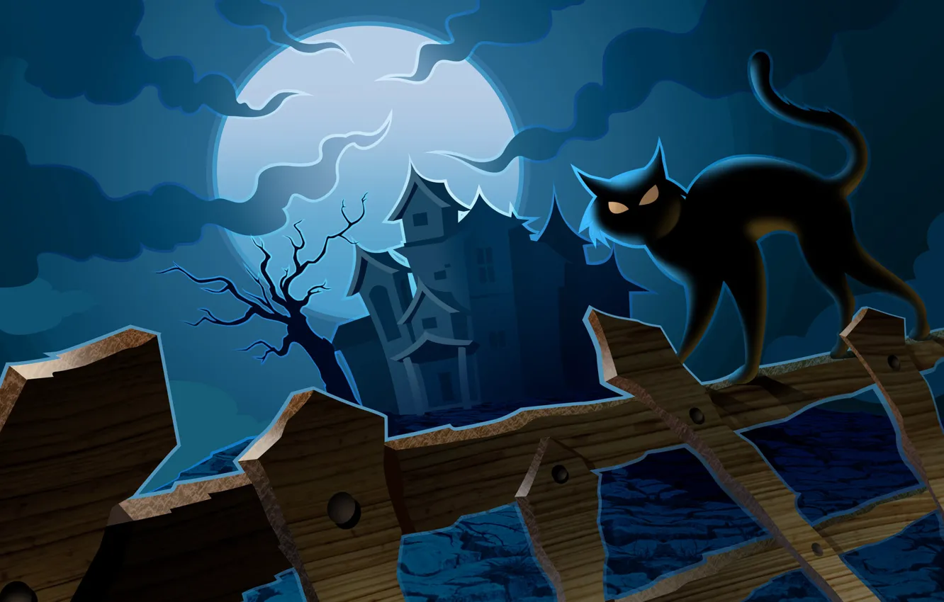 Photo wallpaper cat, home, mystic, the full moon