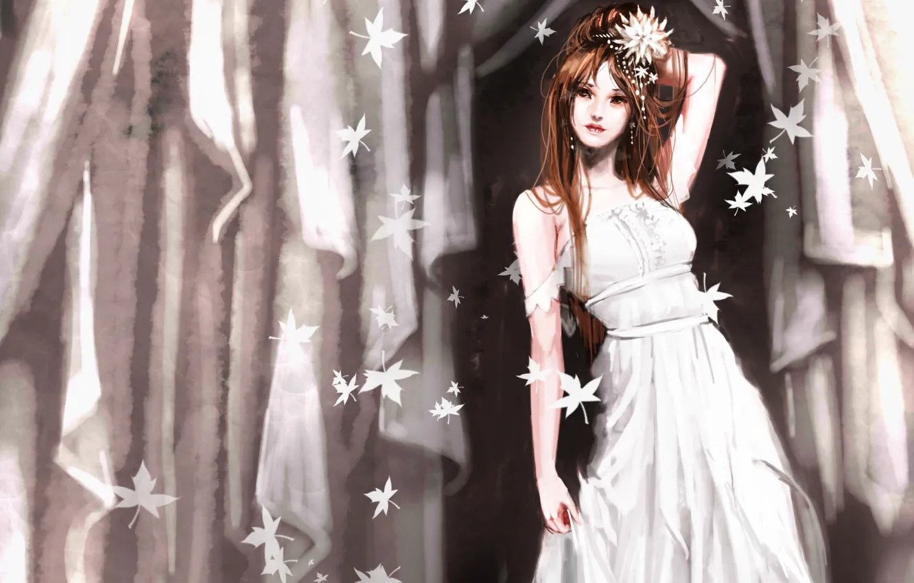 Photo wallpaper flower, girl, curtain, white dress, Falling leaves