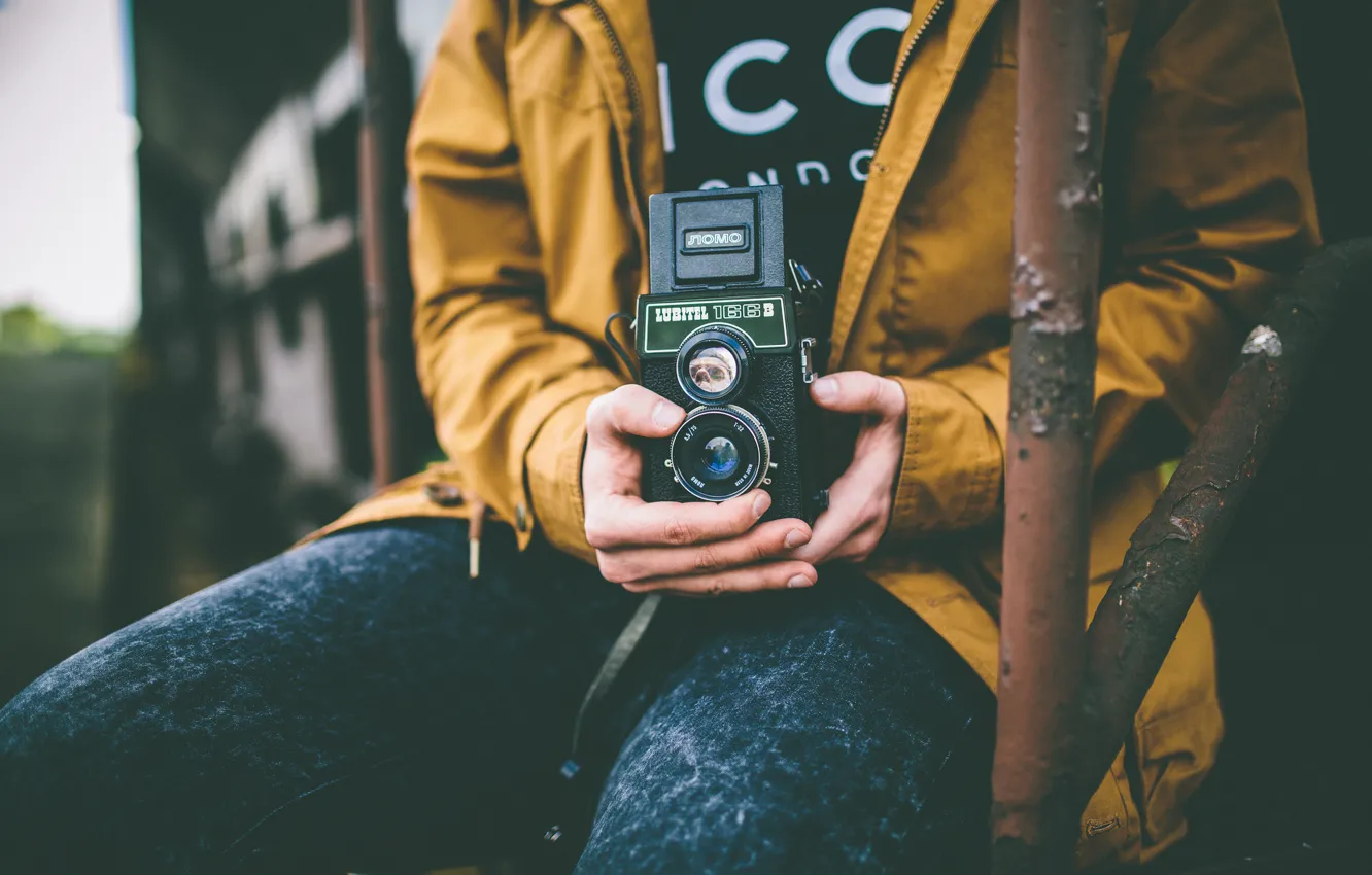 Photo wallpaper camera, hands, male, jacket, bokeh, city, 166B, Lubitel