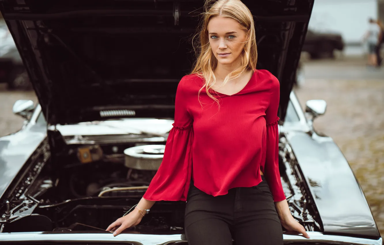 Photo wallpaper machine, auto, look, model, blouse, Dodge Charger, Luisa Bergy, Andreas-Joachim Lins