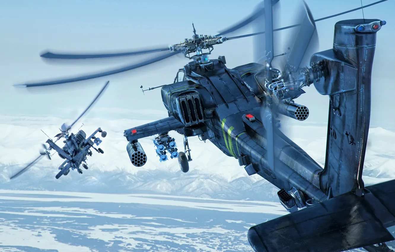 Photo wallpaper the sky, snow, mountains, earth, Boeing, helicopter, combat, Apache