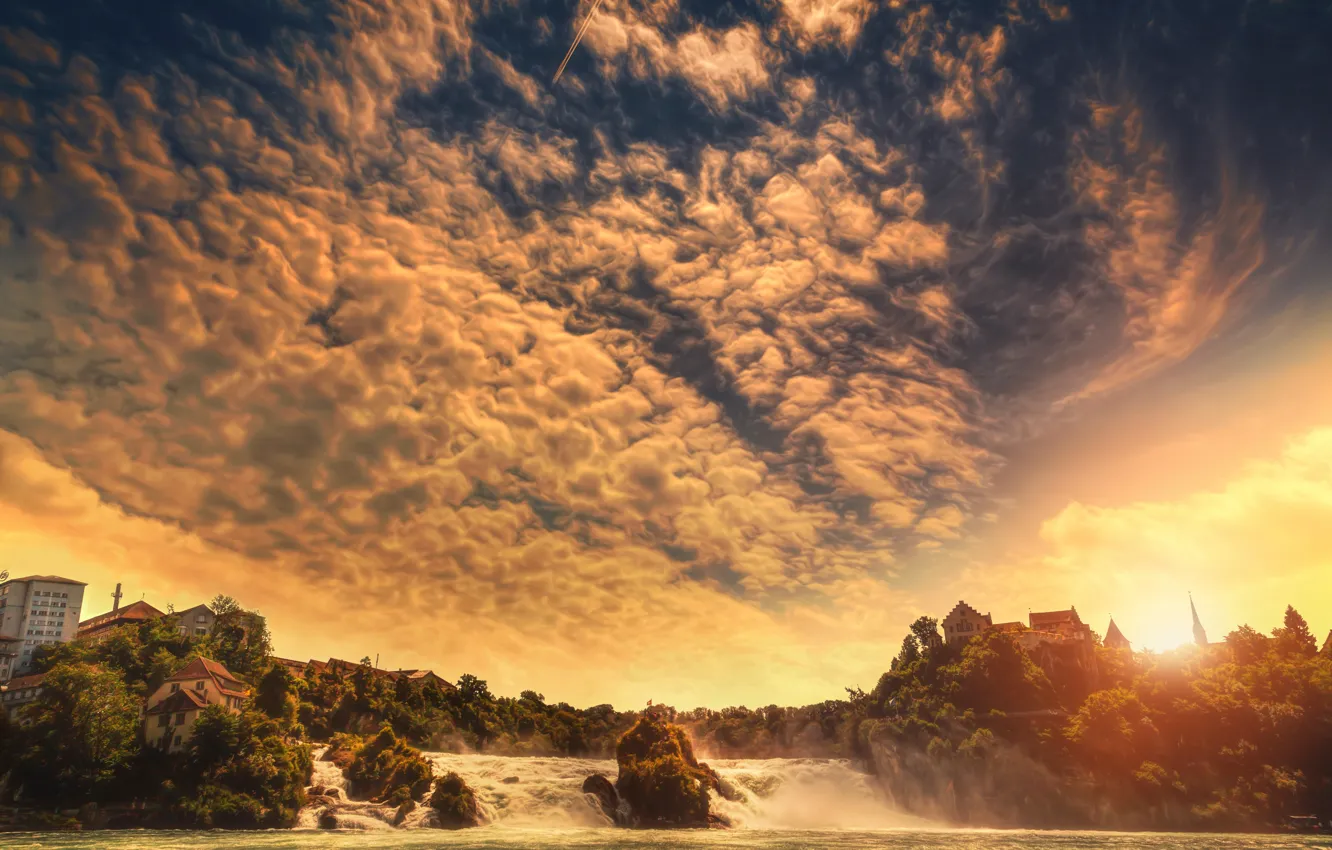 Photo wallpaper the sky, clouds, river, waterfall, home, treatment