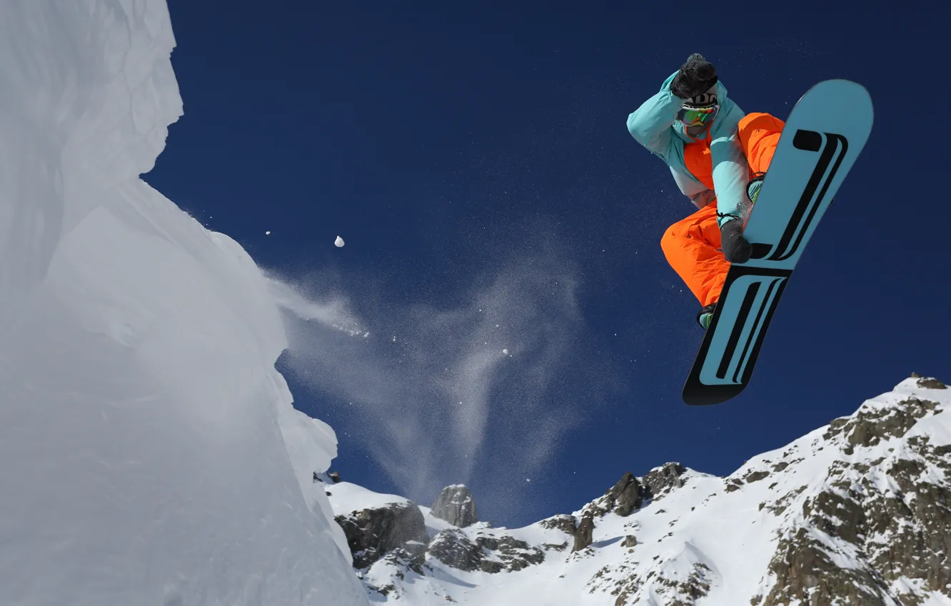 Photo wallpaper snow, mountains, snowboard, sport
