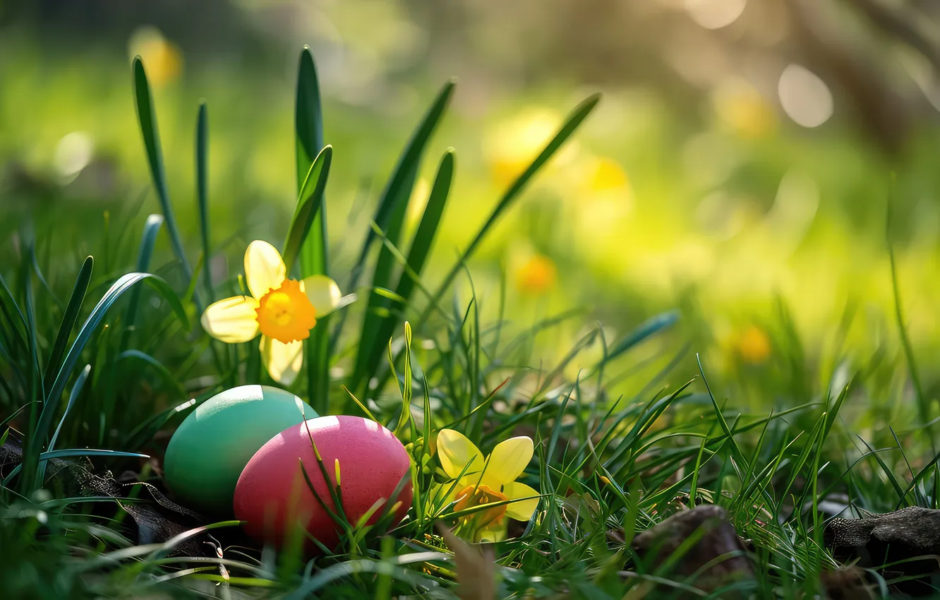Photo wallpaper flowers, eggs, spring, colorful, Easter, flowers, spring, Easter