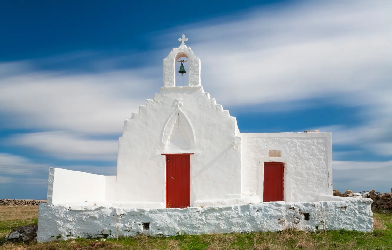 Photo wallpaper the sky, clouds, Greece, Church
