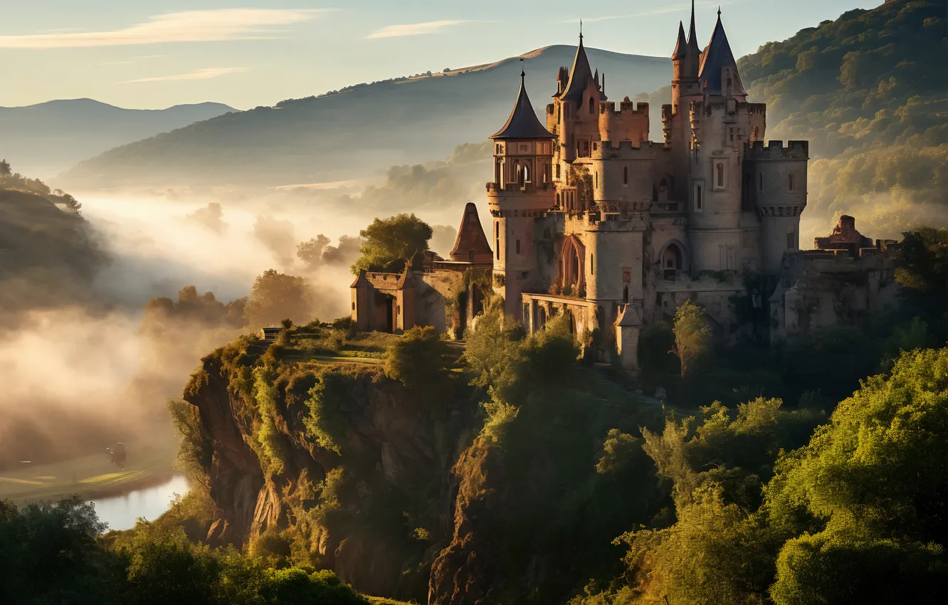 Photo wallpaper castle, rocks, view, rocks, castle, ancient, Ancient, gloomy