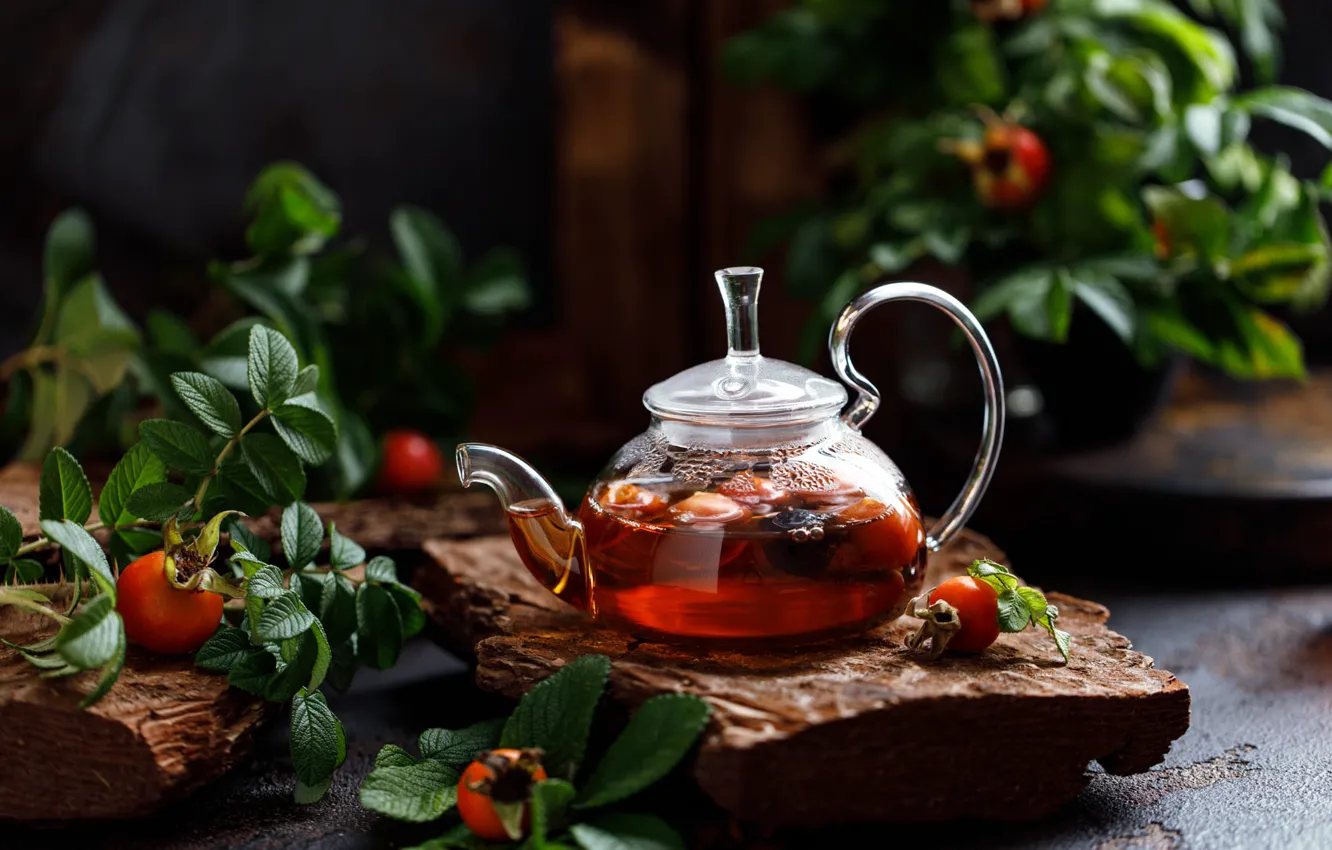 Photo wallpaper glass, tea, kettle, fruit, briar