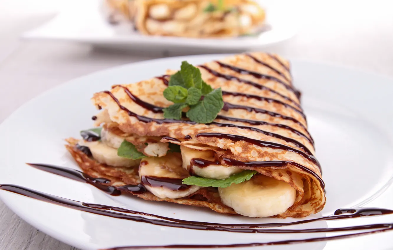Photo wallpaper chocolate, bananas, sweets, pancakes, dessert, mint leaves
