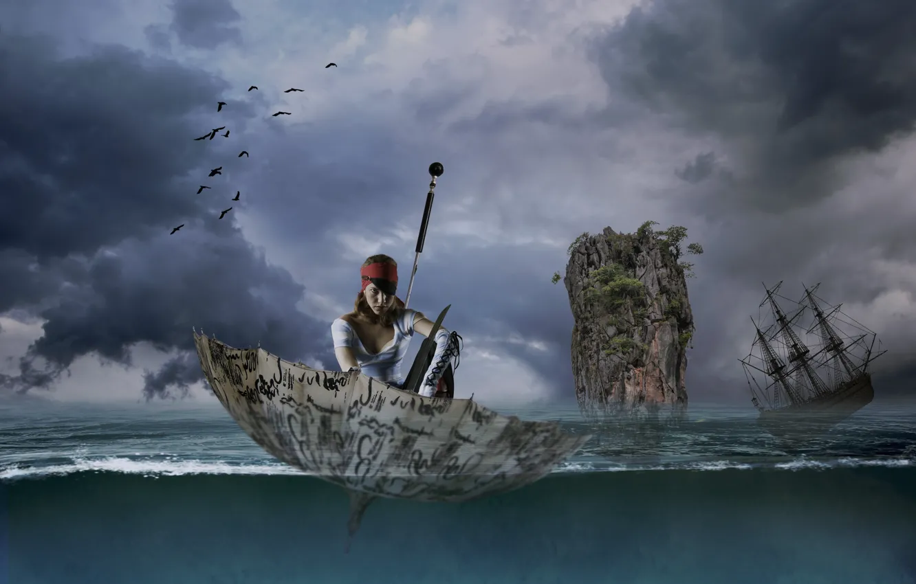 Photo wallpaper sea, girl, rock, umbrella, sailboat, the situation, umbrella, pirate