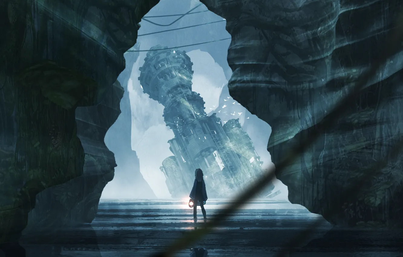 Photo wallpaper girl, castle, rocks