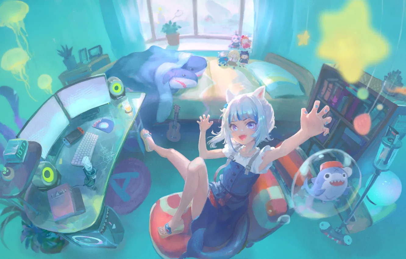 Photo wallpaper computer, girl, room, toy, shark, Virtual Youtuber, Gawr Gura, CatShark Gura