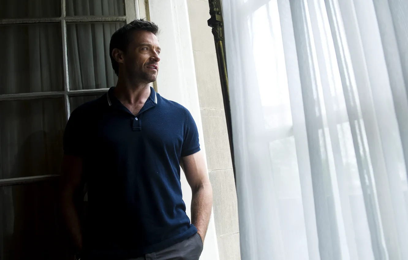 Photo wallpaper actors, shirt, Hugh Jackman, Wolverine, window