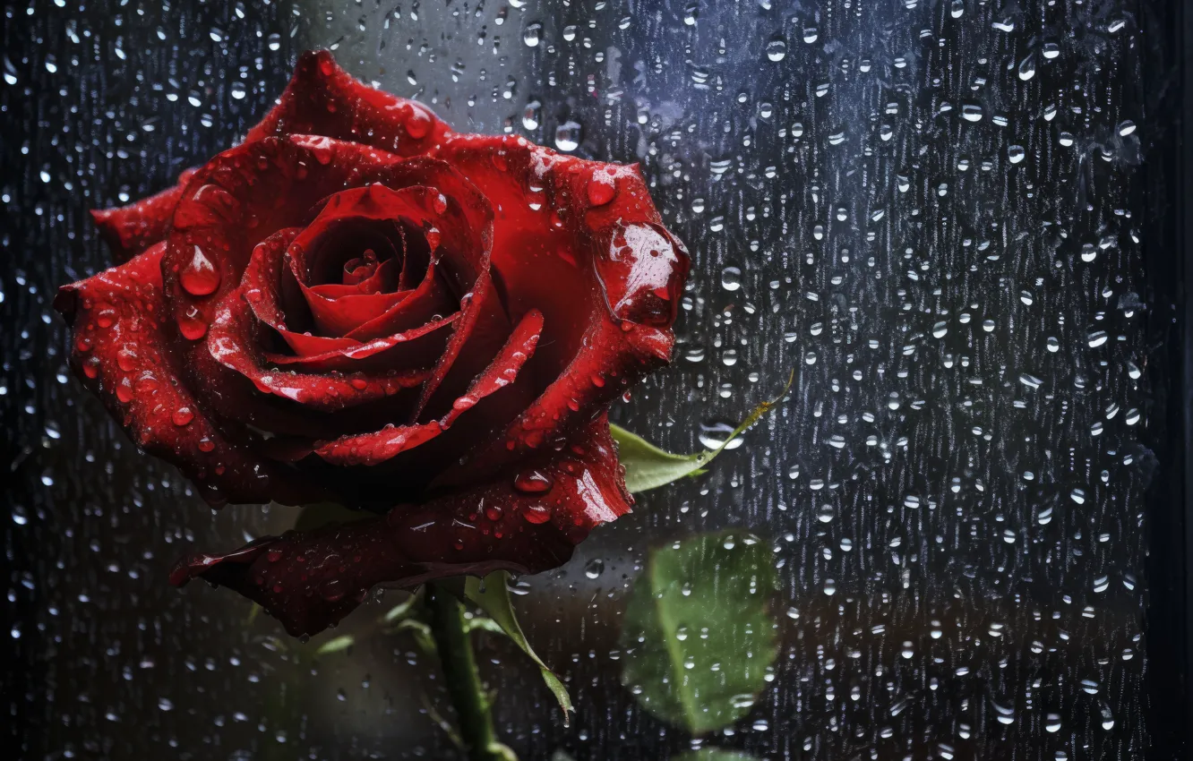 Photo wallpaper flower, the dark background, rain, rose, red, AI art, neural network