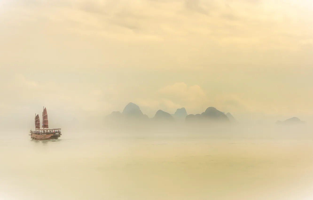Photo wallpaper sea, fog, ship