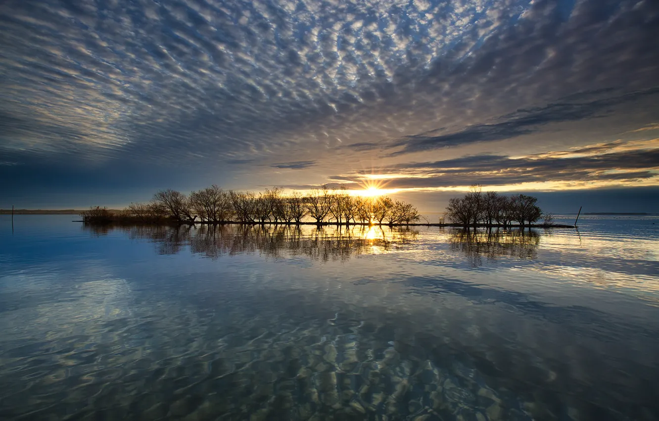 Photo wallpaper the sky, water, the sun, clouds, rays, trees, lake, Japan