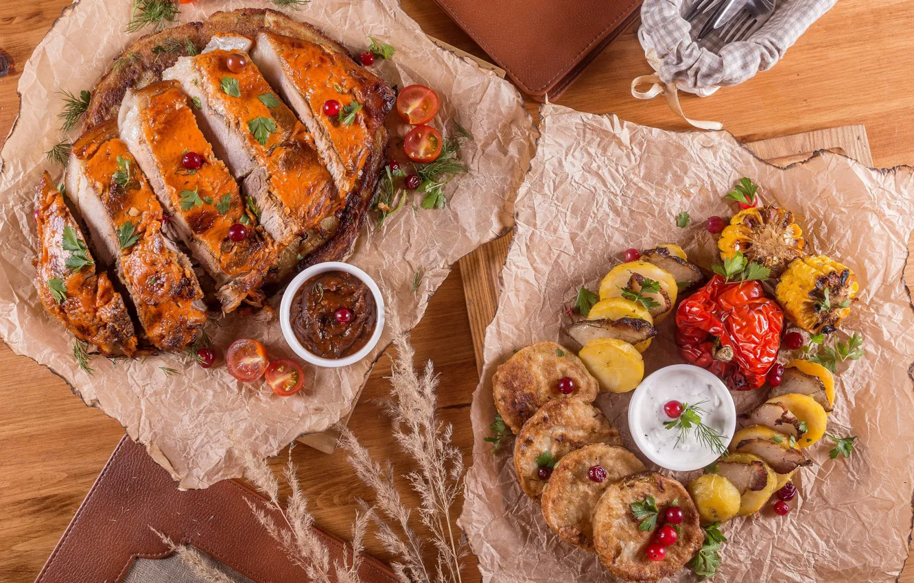 Photo wallpaper meat, vegetables, sauce, potatoes, zucchini