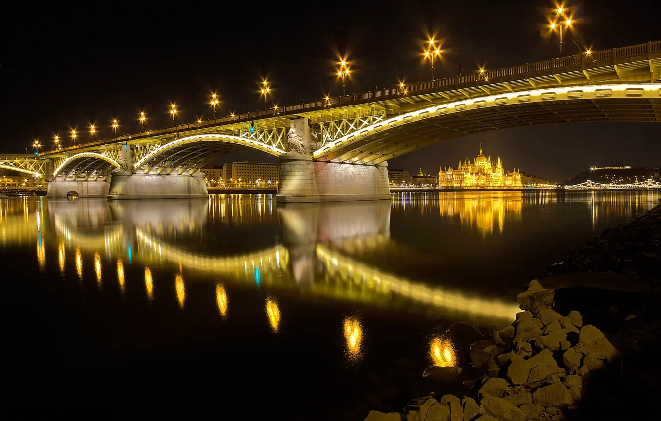 Photo wallpaper night, lights, river, Parliament, Hungary, Budapest, The Danube, Margaret bridge