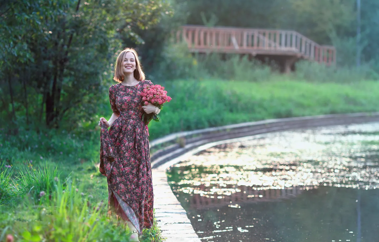 Photo wallpaper summer, girl, flowers, nature, pose, smile, river, mood