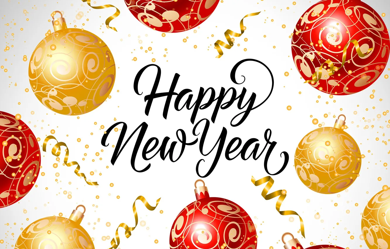 Photo wallpaper balls, yellow, red, the inscription, pattern, Shine, new year, Christmas