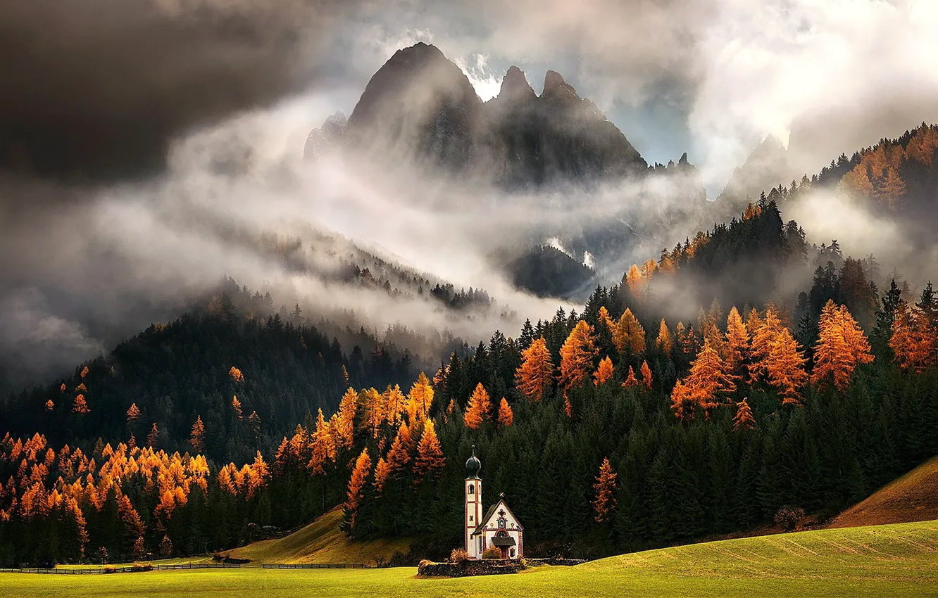 Photo wallpaper field, autumn, forest, clouds, trees, mountains, Alps, chapel