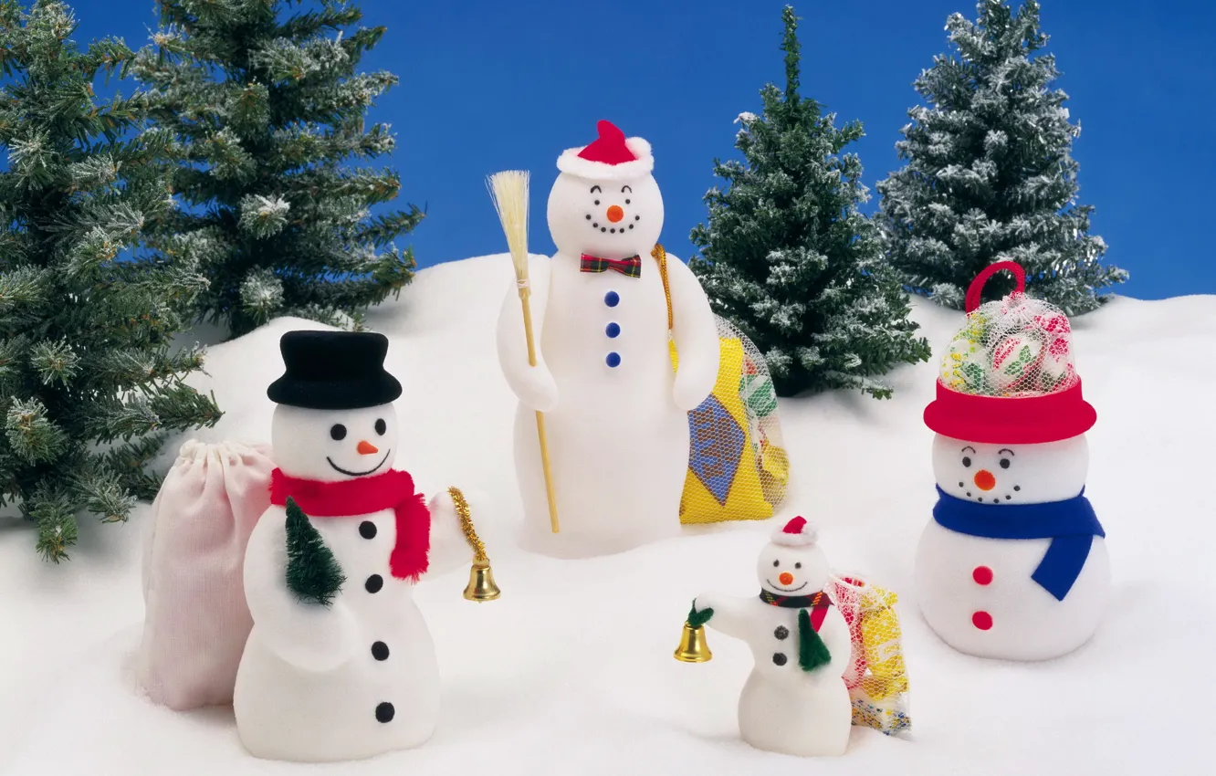 Photo wallpaper snow, holiday, gifts, snowmen, bell