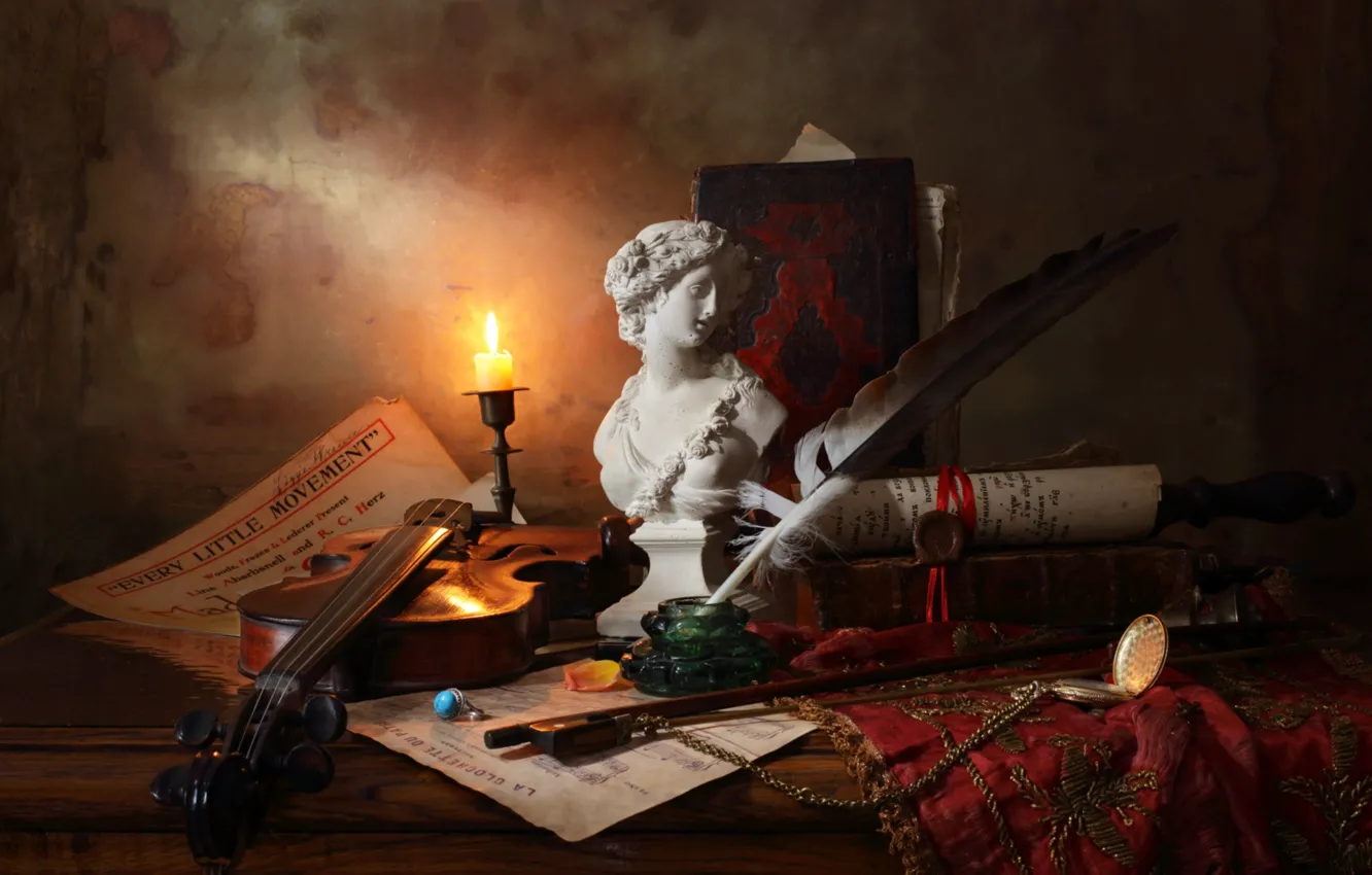 Photo wallpaper pen, violin, books, candle, ring, figurine