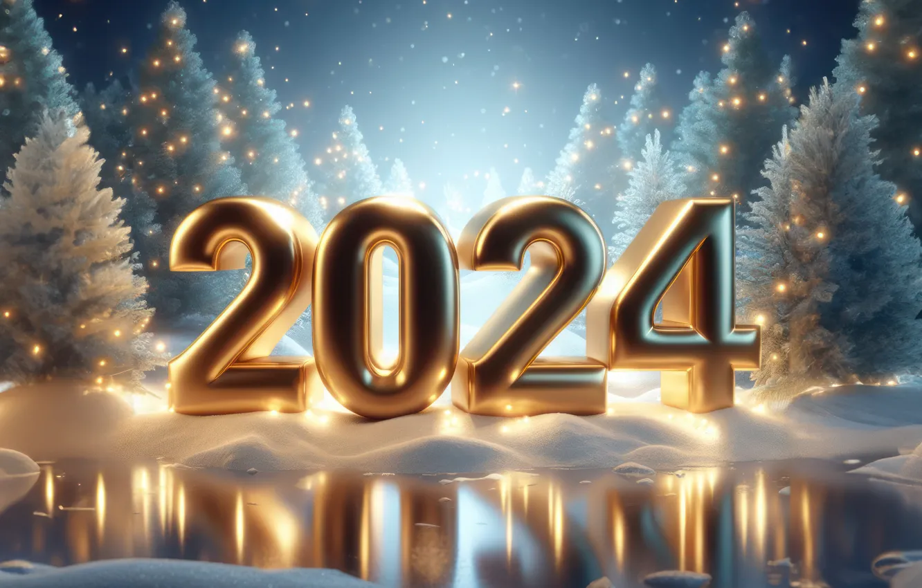 Photo wallpaper new year, figures, golden, winter, snow, New Year, decoration, numbers