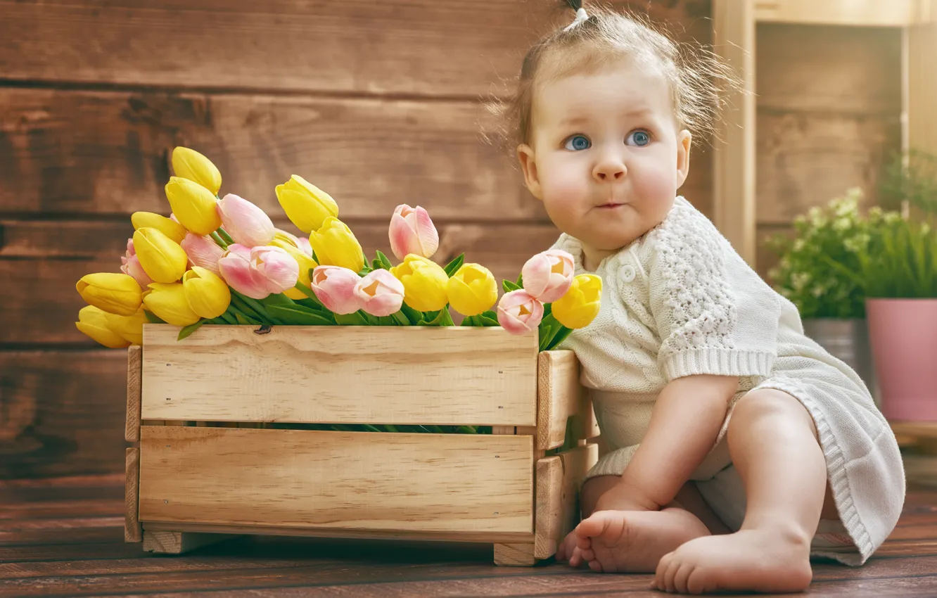 Photo wallpaper flowers, child, tulips, baby, child, kid, little girl, Tulips