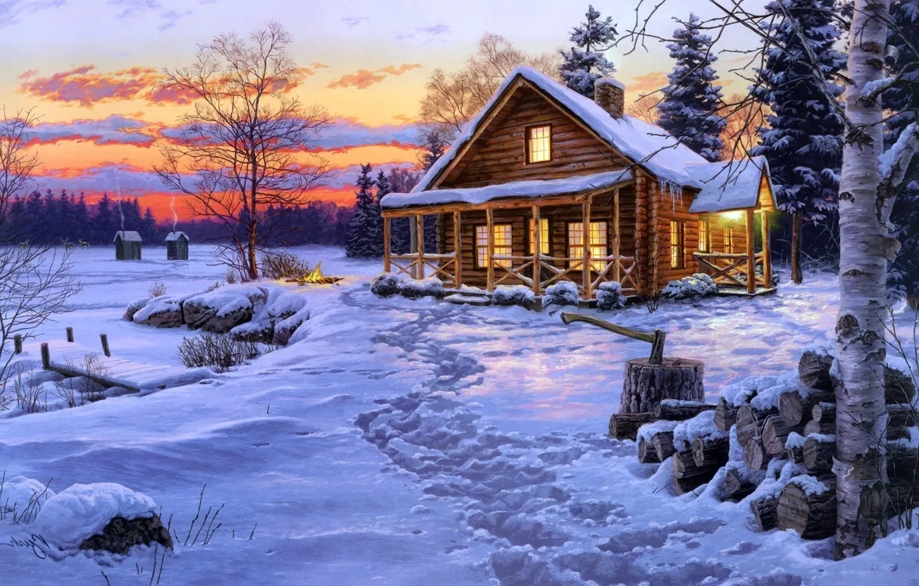 Photo wallpaper the sky, snow, traces, lights, house, Winter