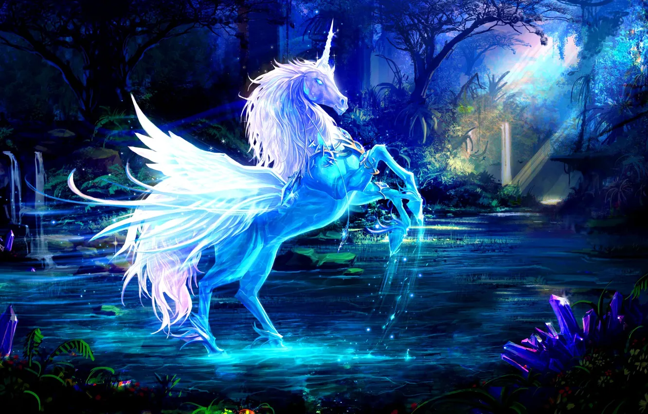 Photo wallpaper forest, water, rays, horse, art, unicorn