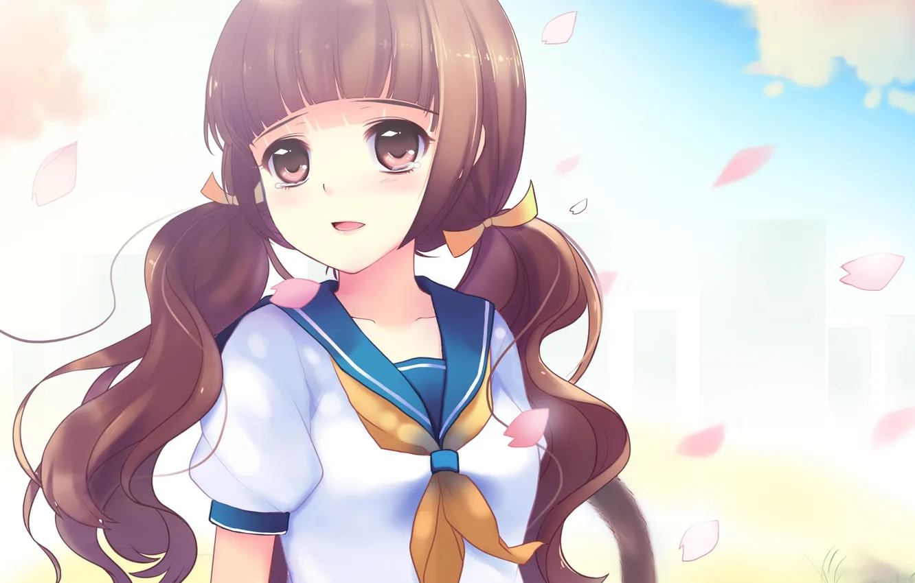 Photo wallpaper girl, anime, petals, Sakura, tears, art, schoolgirl, sheska xue