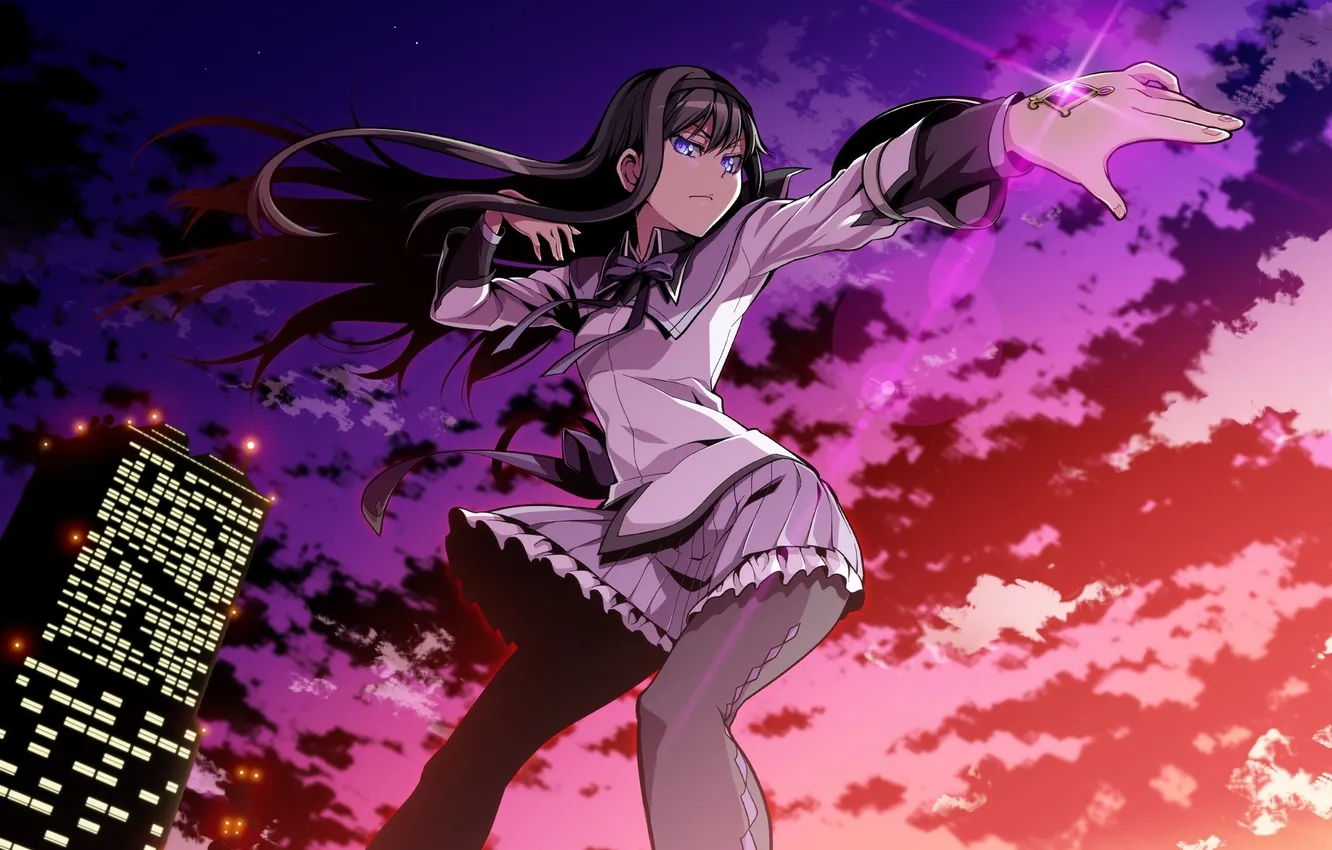 Photo wallpaper the sky, girl, stars, clouds, sunset, the city, magic, home