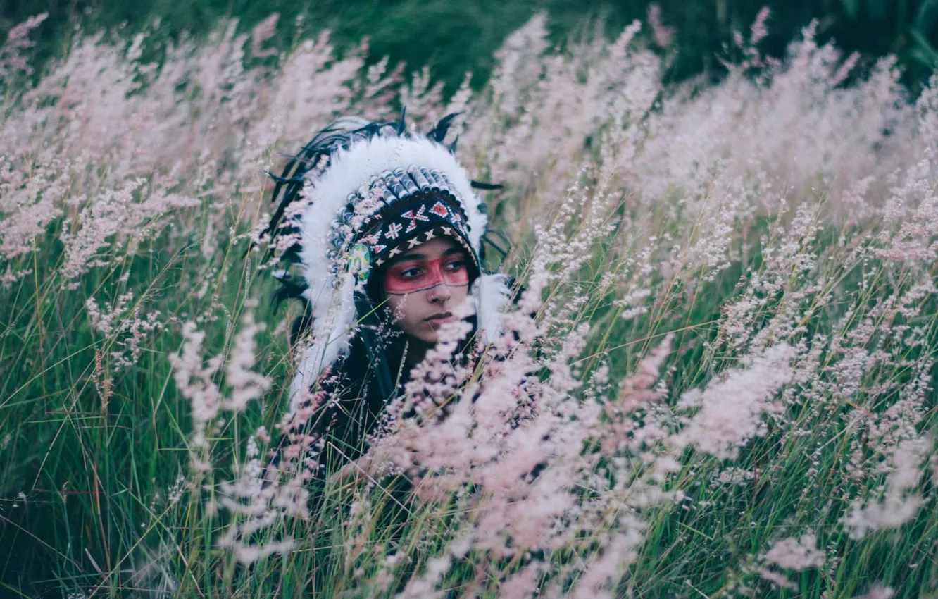 Photo wallpaper summer, grass, girl, face, feathers, paint, headdress