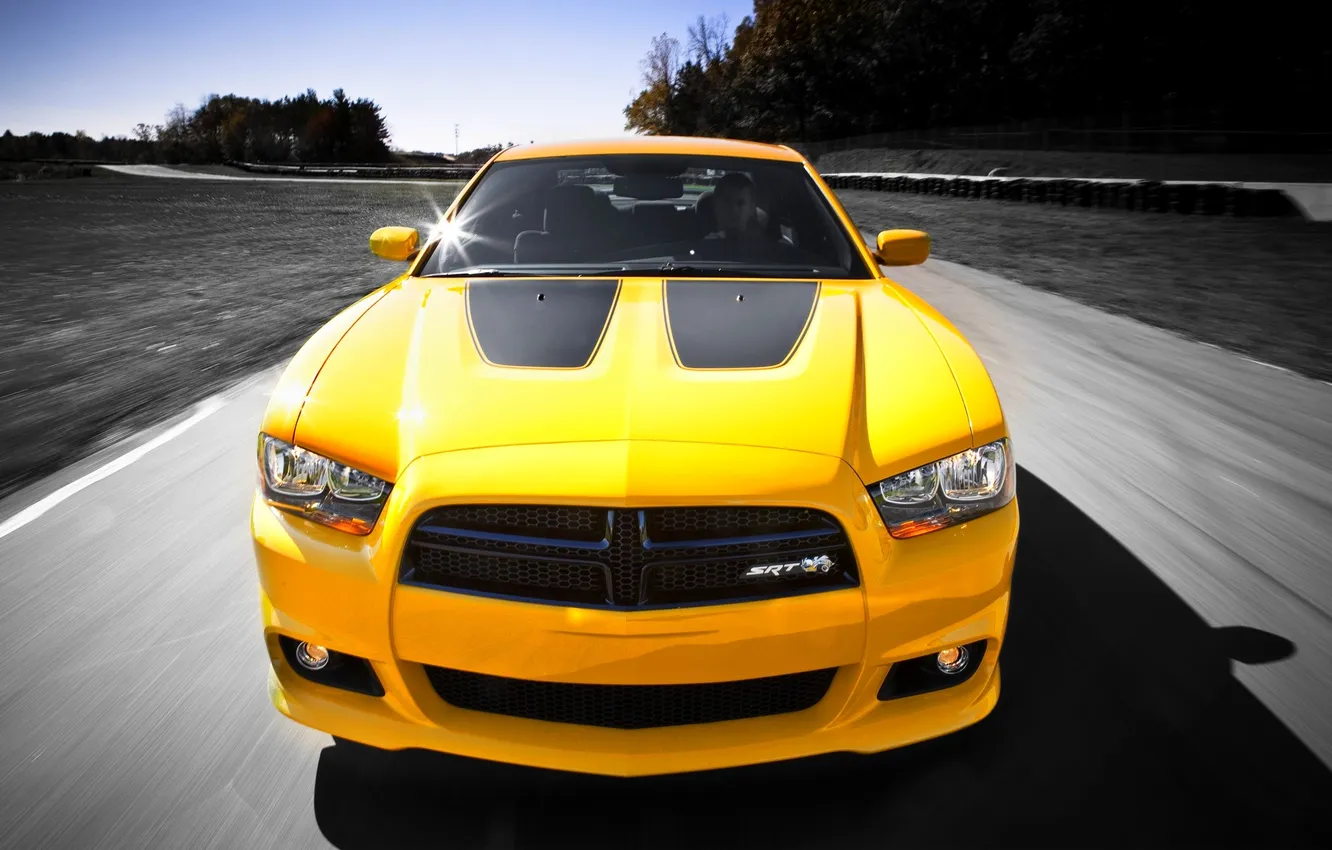 Photo wallpaper yellow, lights, The hood, Dodge, SRT8, Dodge, Charger, the front