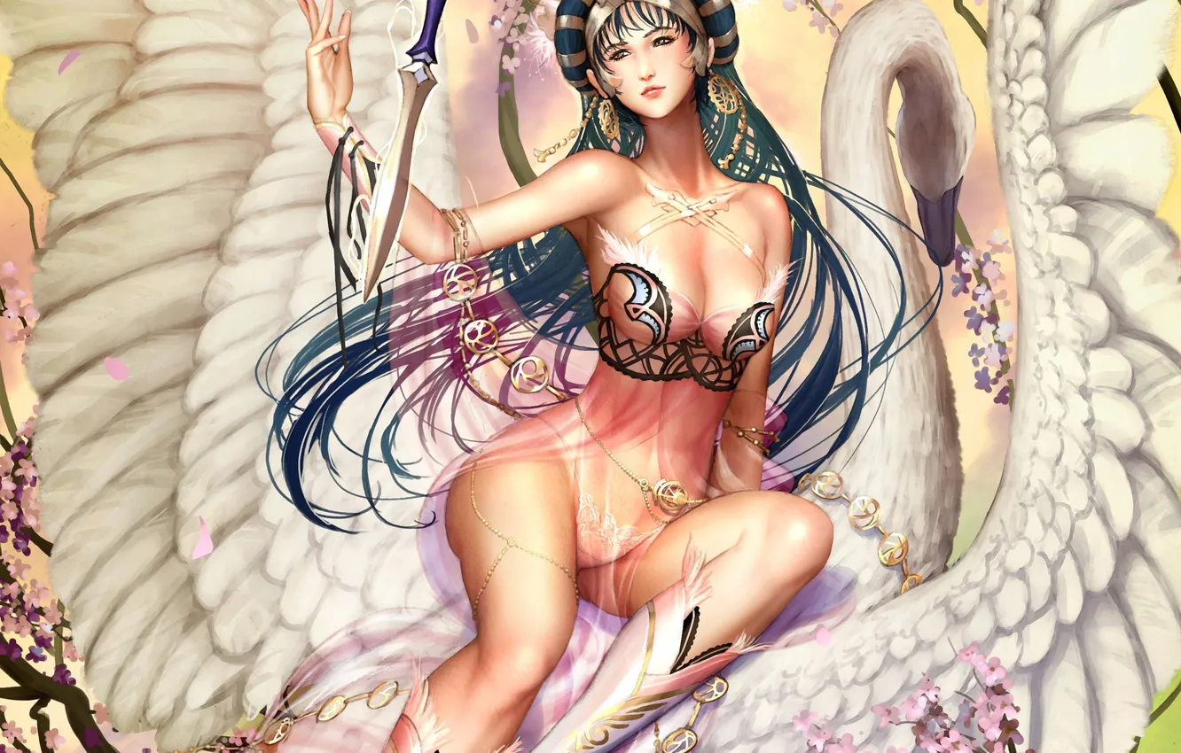 Photo wallpaper white, look, girl, decoration, flowers, face, weapons, fiction