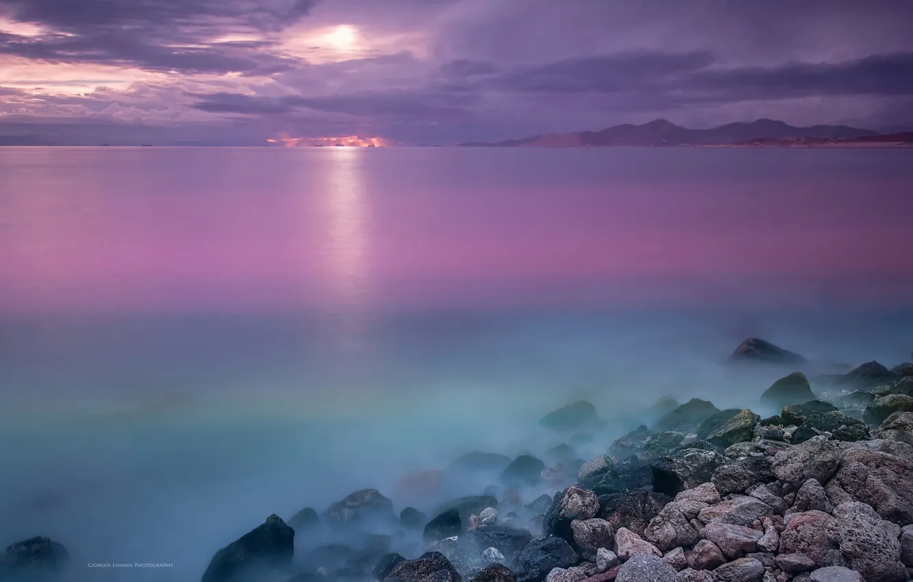 Photo wallpaper sea, light, stones, the moon, the evening, excerpt