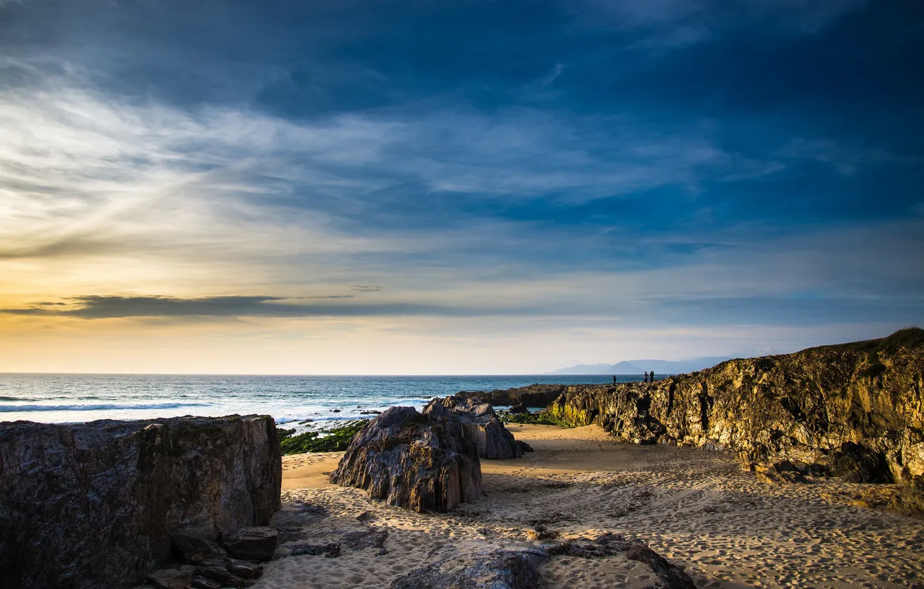 Photo wallpaper sea, the sky, clouds, rocks, people