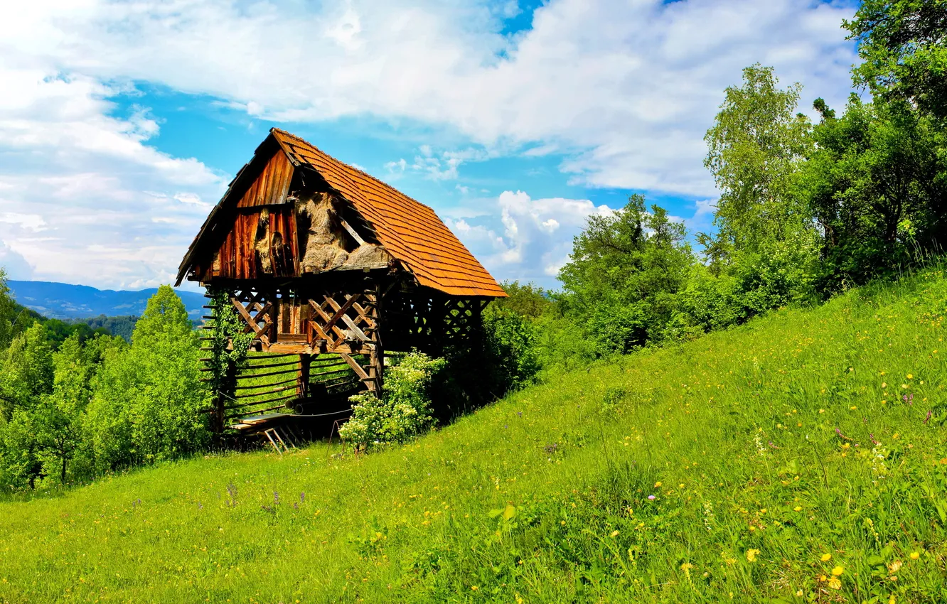 Photo wallpaper grass, landscape, nature, house, Slovenia, Trbovlje