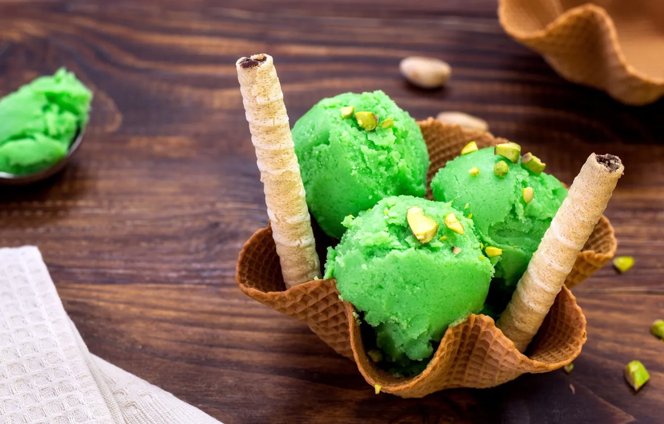Photo wallpaper ice cream, dessert, wood, tube, pistachios, pistachio, waffle Cup