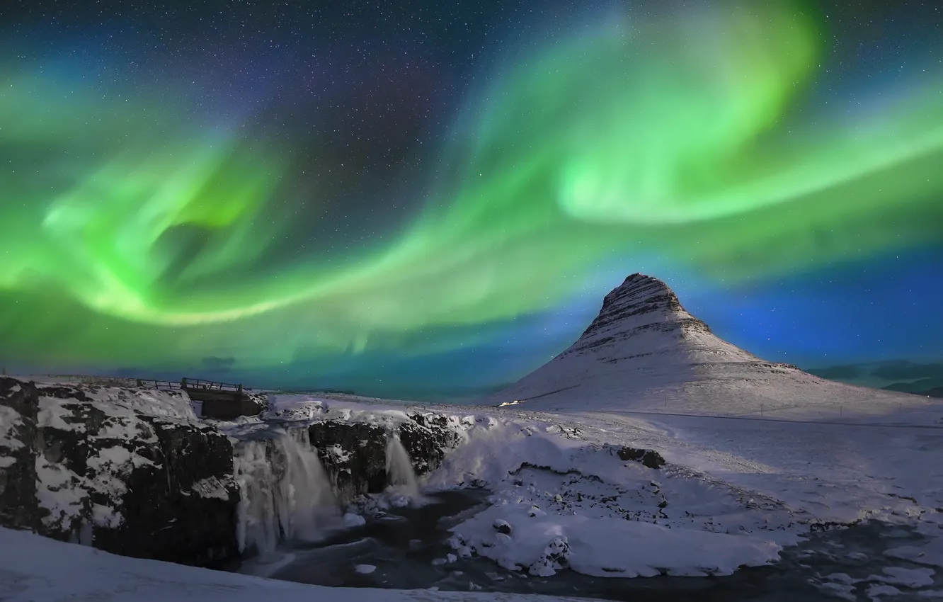 Photo wallpaper mountains, night, Northern lights, Iceland, Kirkjufell, Kirkjufell