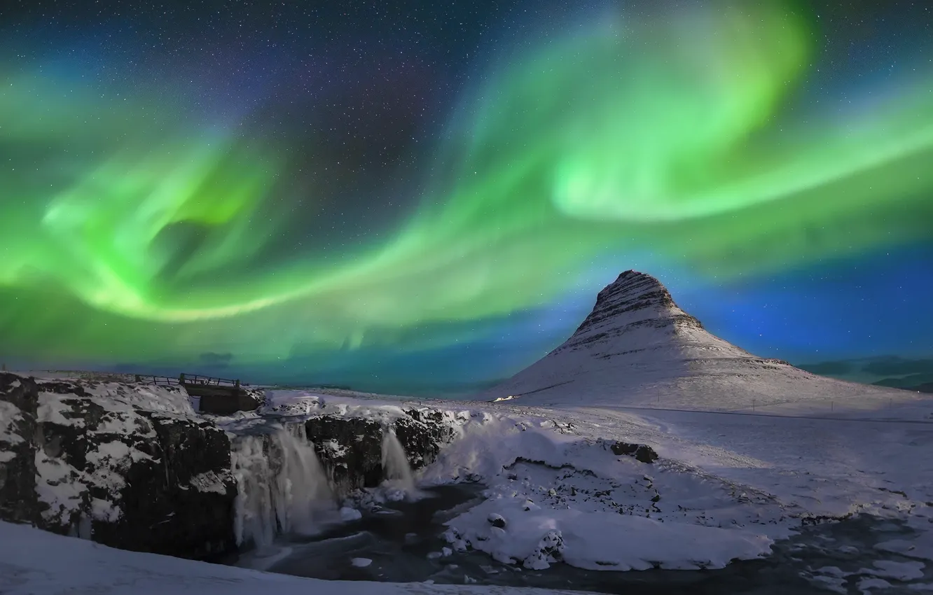 Photo wallpaper night, mountain, Northern lights, Iceland, Kirkjufell, Kirkjufell