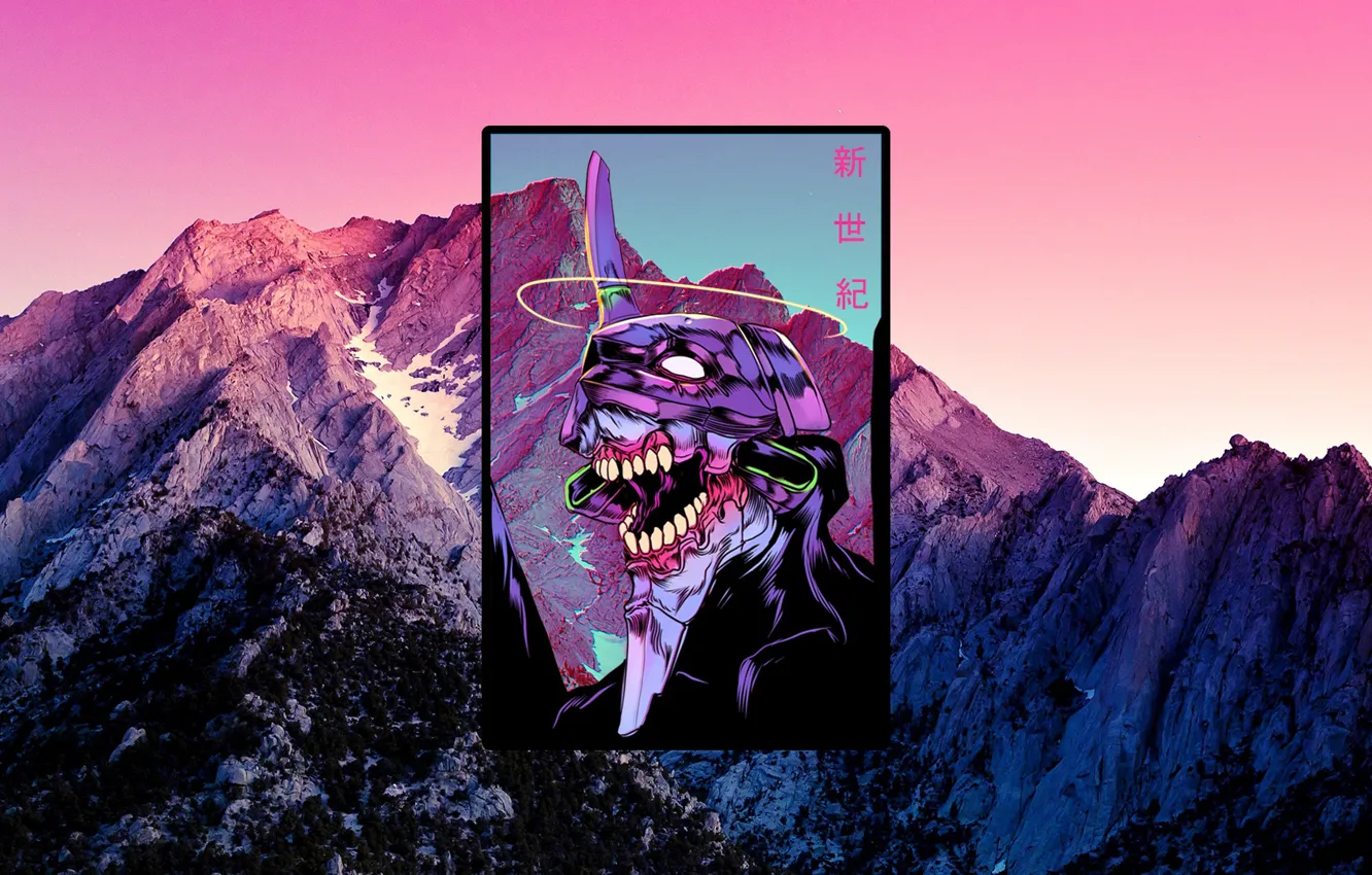 Photo wallpaper mountains, robot, Eva, Evangelion, Evangelion