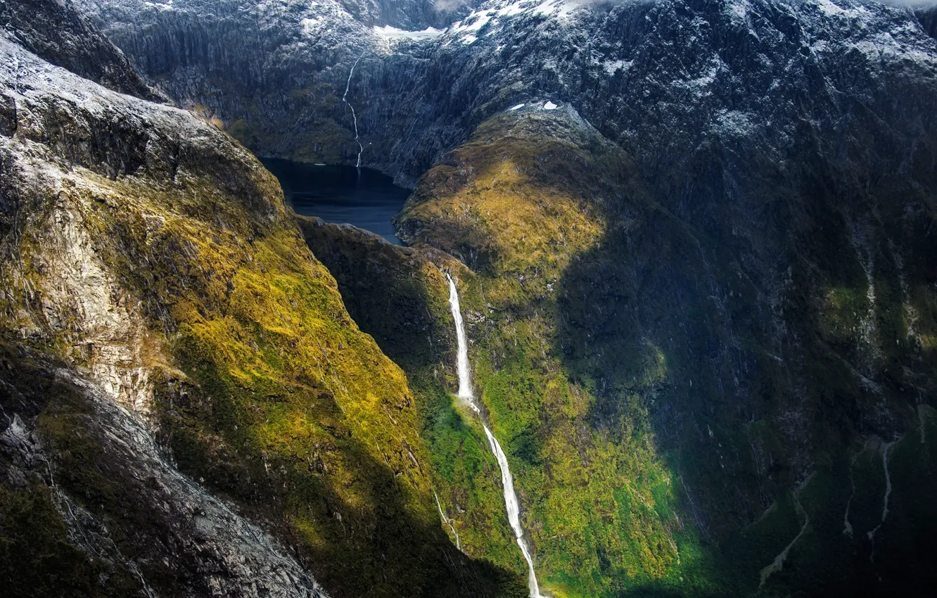 Photo wallpaper mountains, waterfall, cascade, the fjord
