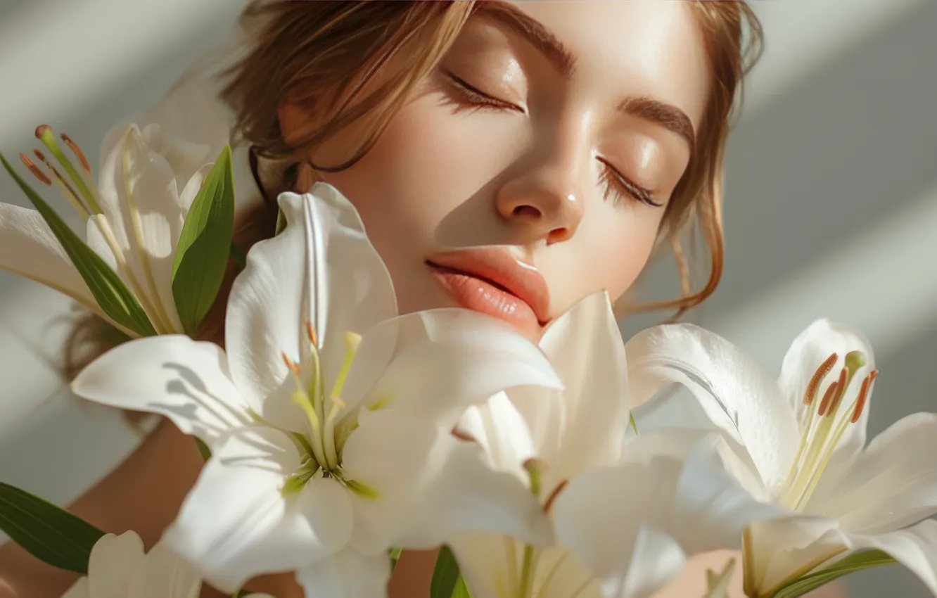Photo wallpaper look, girl, flowers, face, eyelashes, wall, Lily, portrait