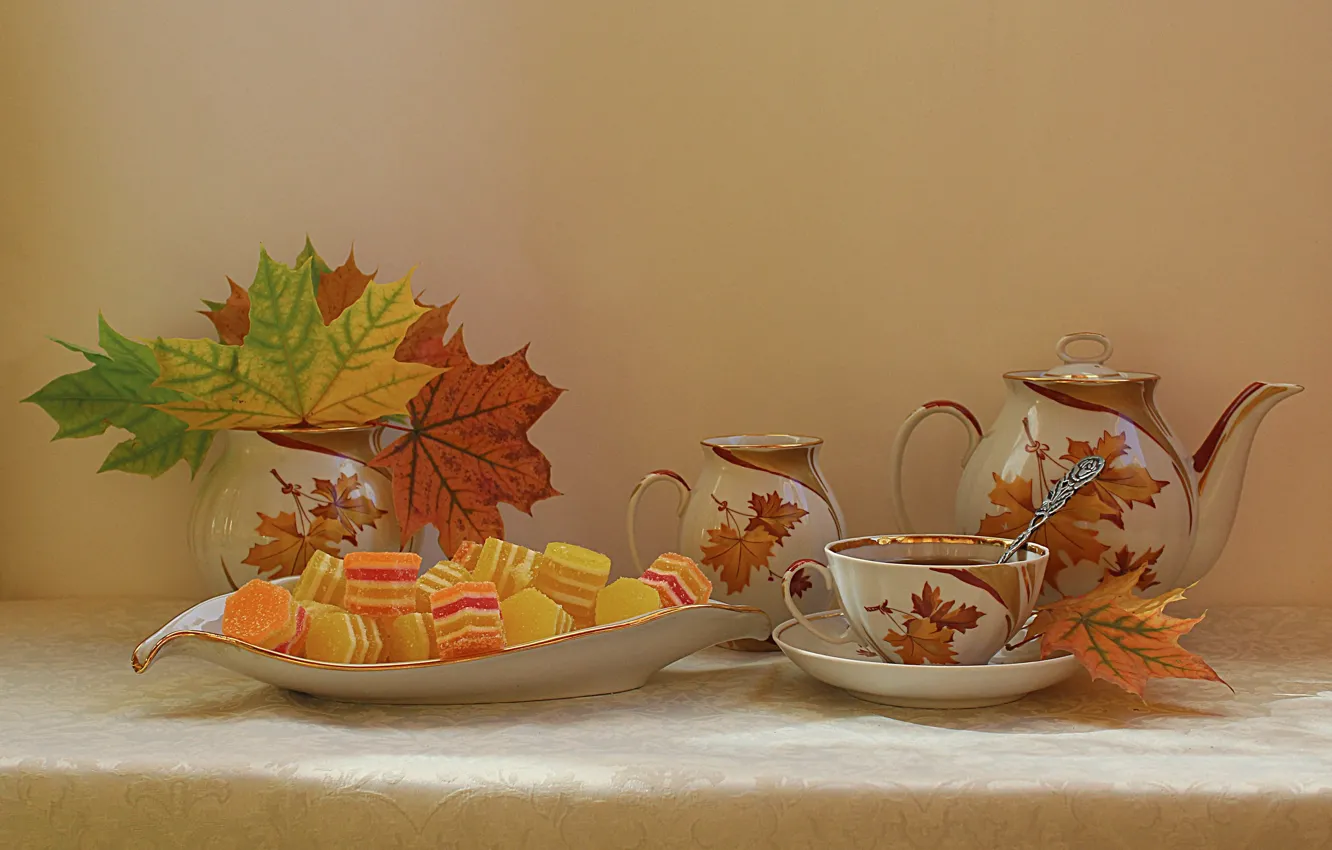 Photo wallpaper autumn, leaves, tea, still life, maple, marmalade