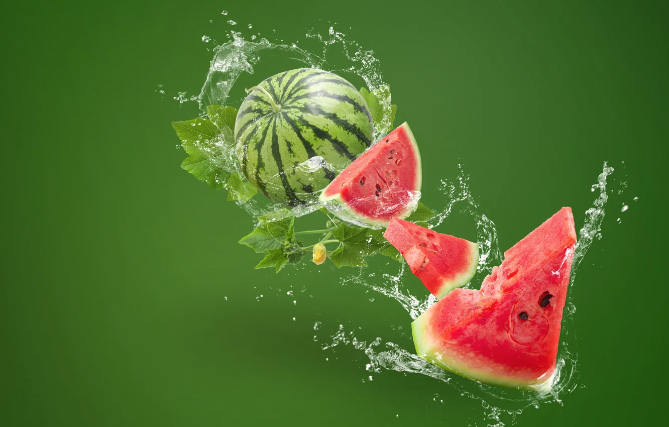 Photo wallpaper water, squirt, green, background, splash, watermelon, slices