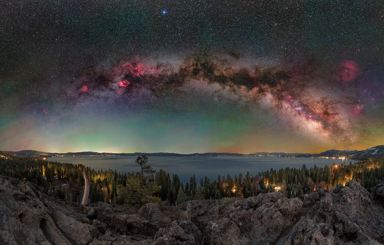 Photo wallpaper forest, the sky, night, rocks, dal, the milky way