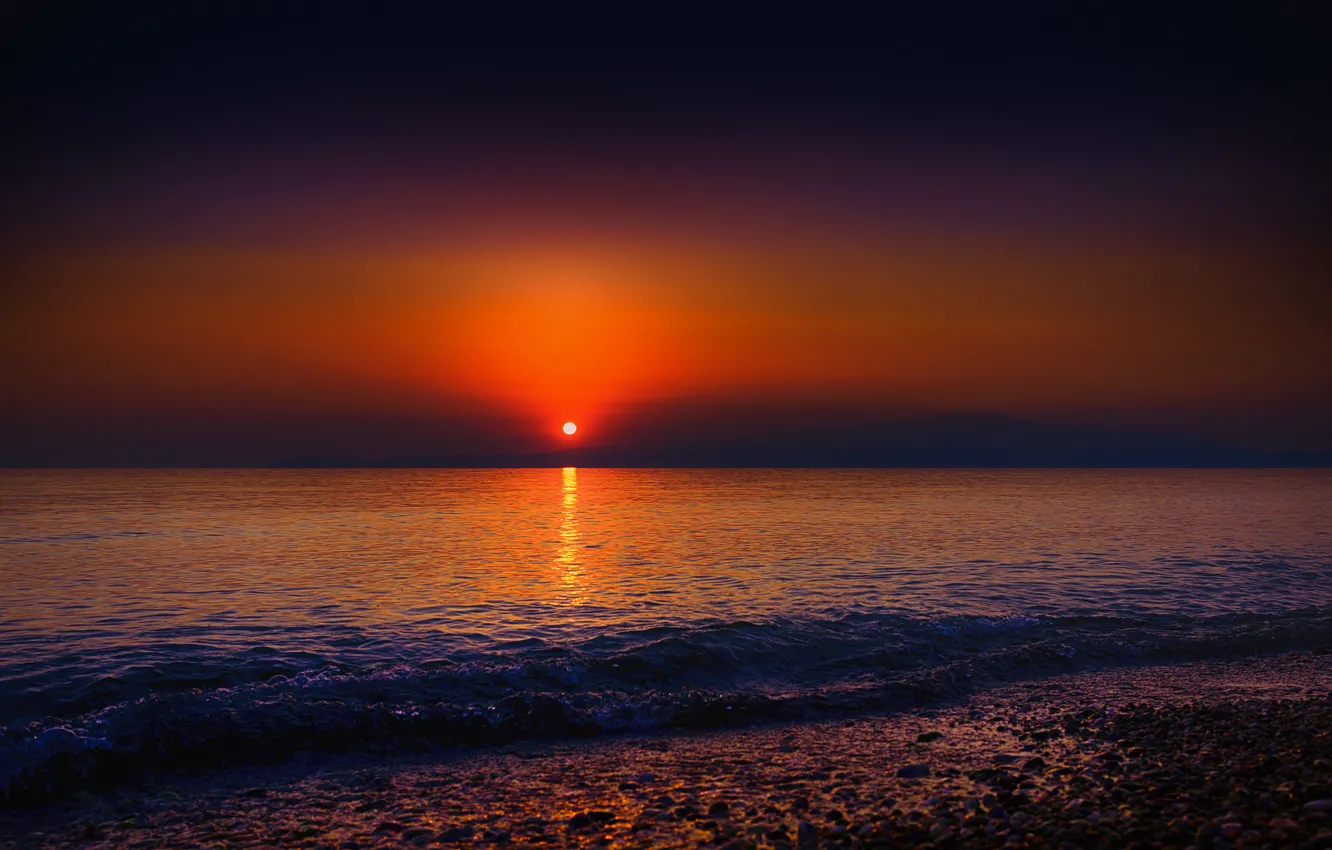 Photo wallpaper sea, wave, the sky, the sun, sunset, shore, surf