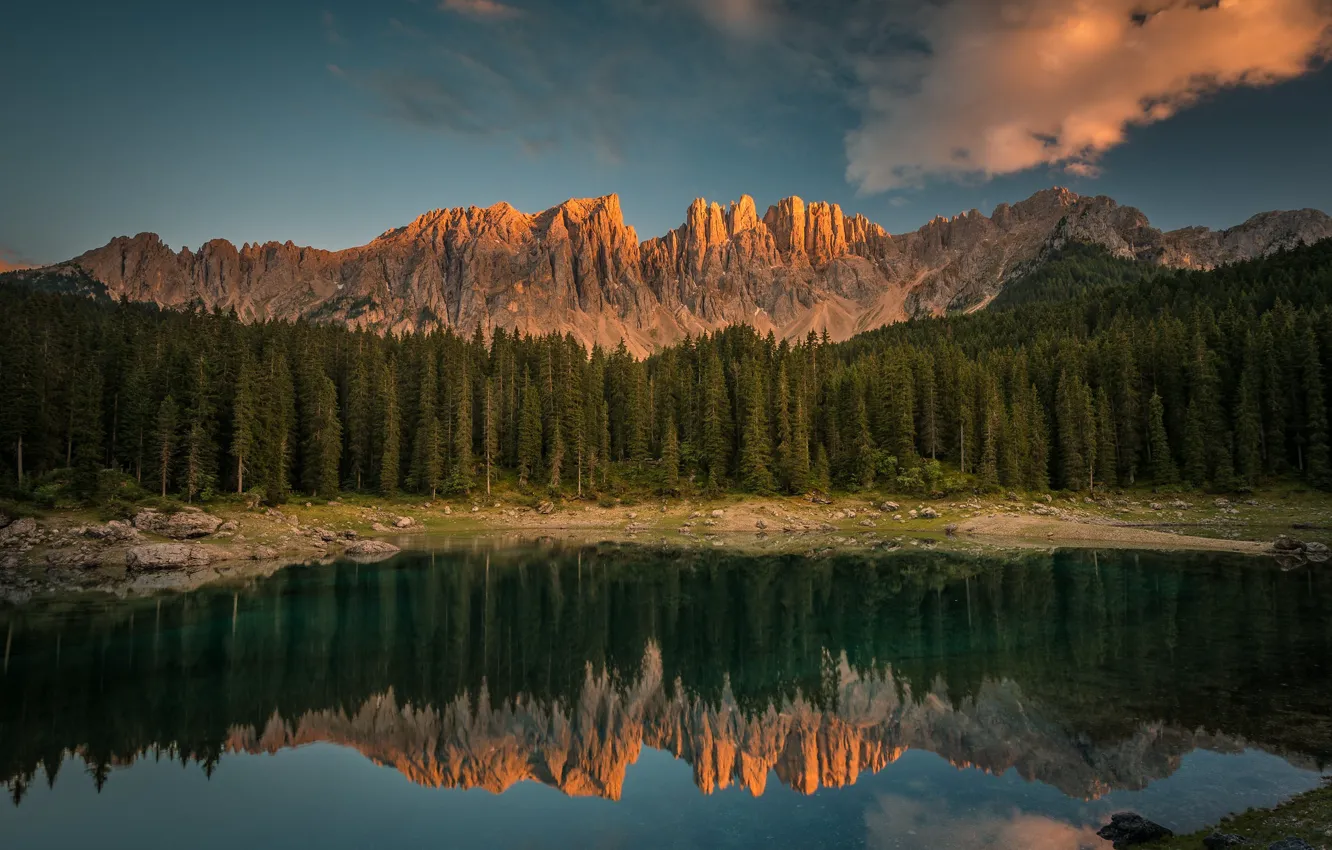 Photo wallpaper forest, mountains, lake, reflection