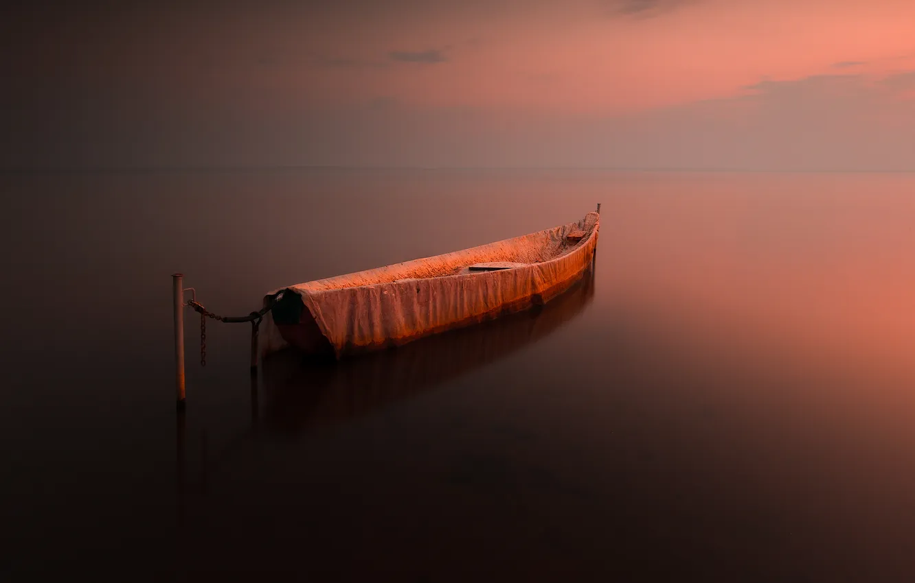 Photo wallpaper sunset, lake, boat, Anton Shvain